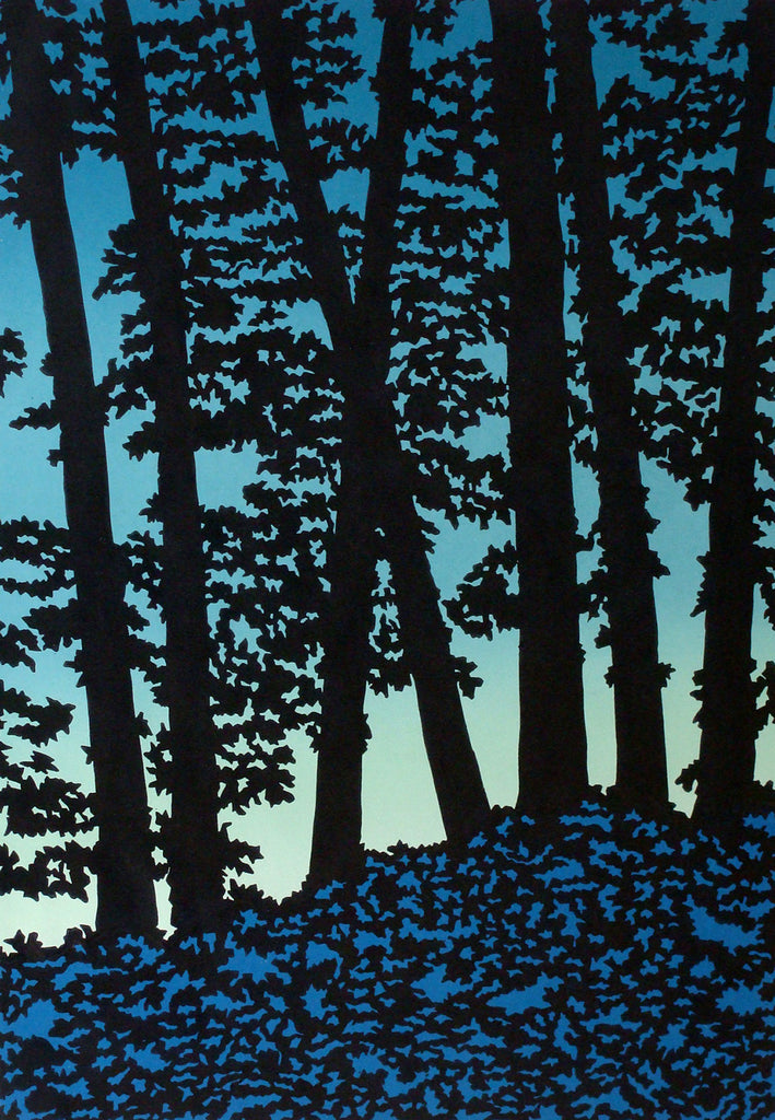 Blue Forest, Original Linocut Print by Vermont artist Daryl V. Storrs