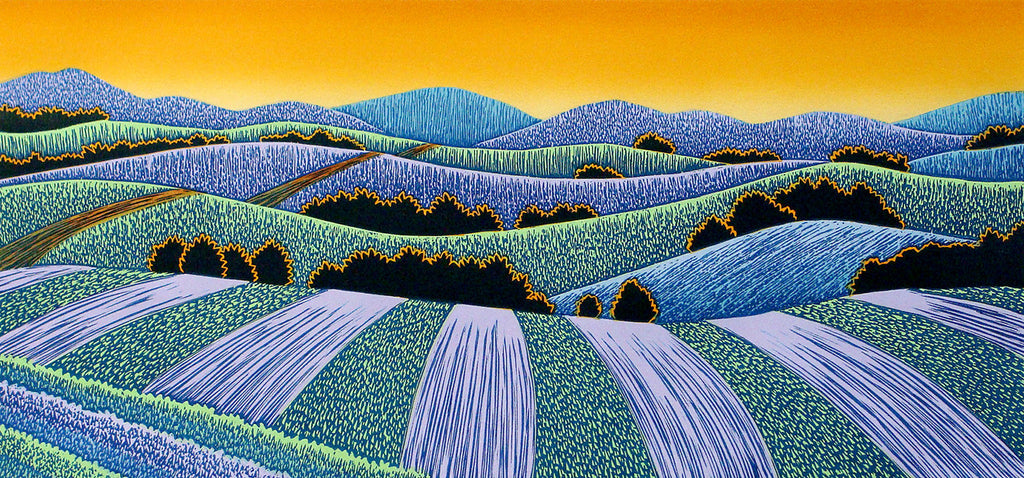 Fields Afar, linocut print by Vermont artist, Daryl Storrs