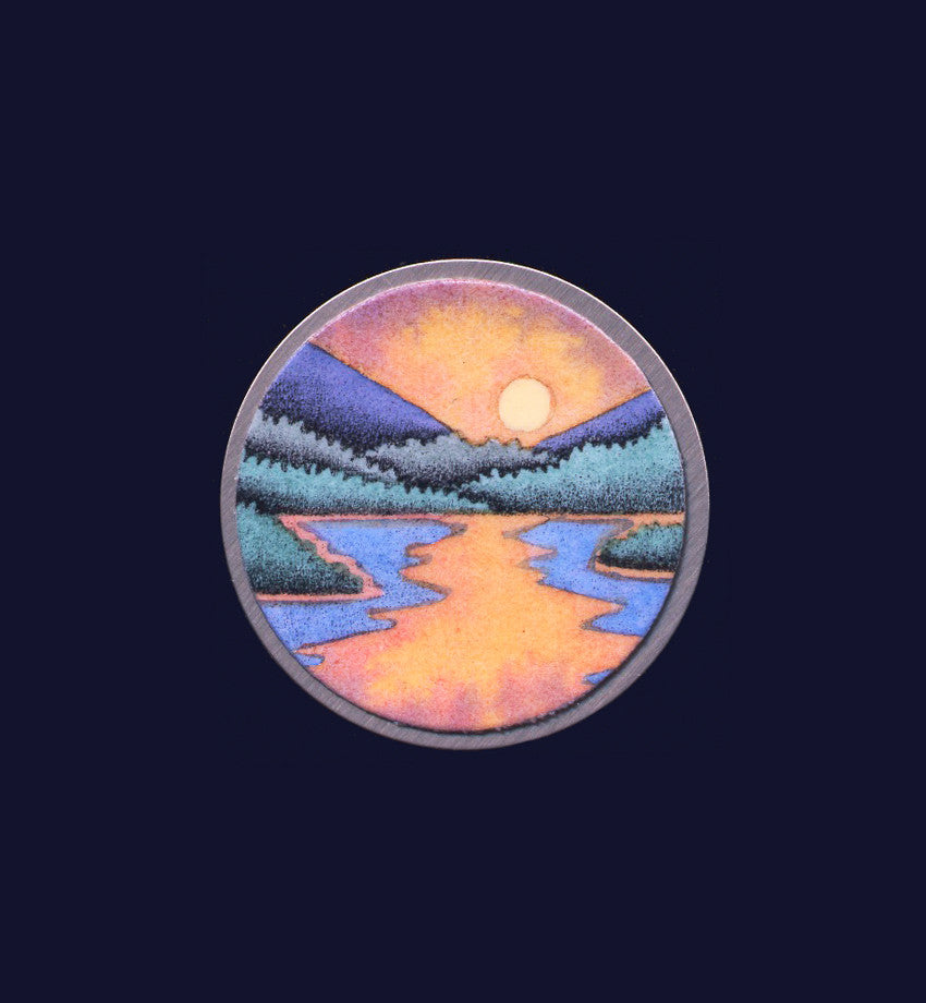 Sunset Lake, hand painted pin/pendant by Daryl V. Storrs