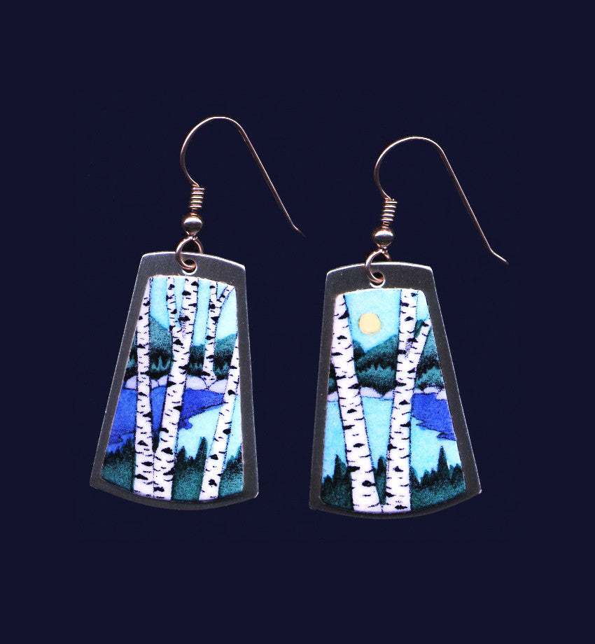 Lake Birches handprinted earrings by Daryl Storrs