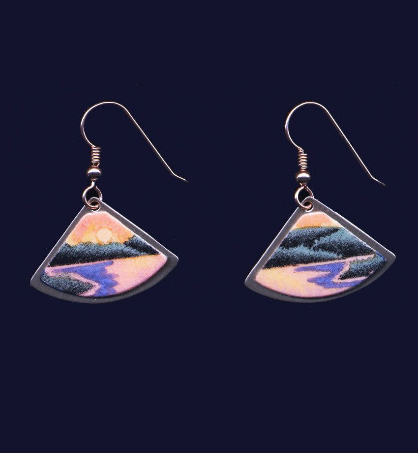 Sunset Lake hand painted dangle earrings by Daryl V. Storrs