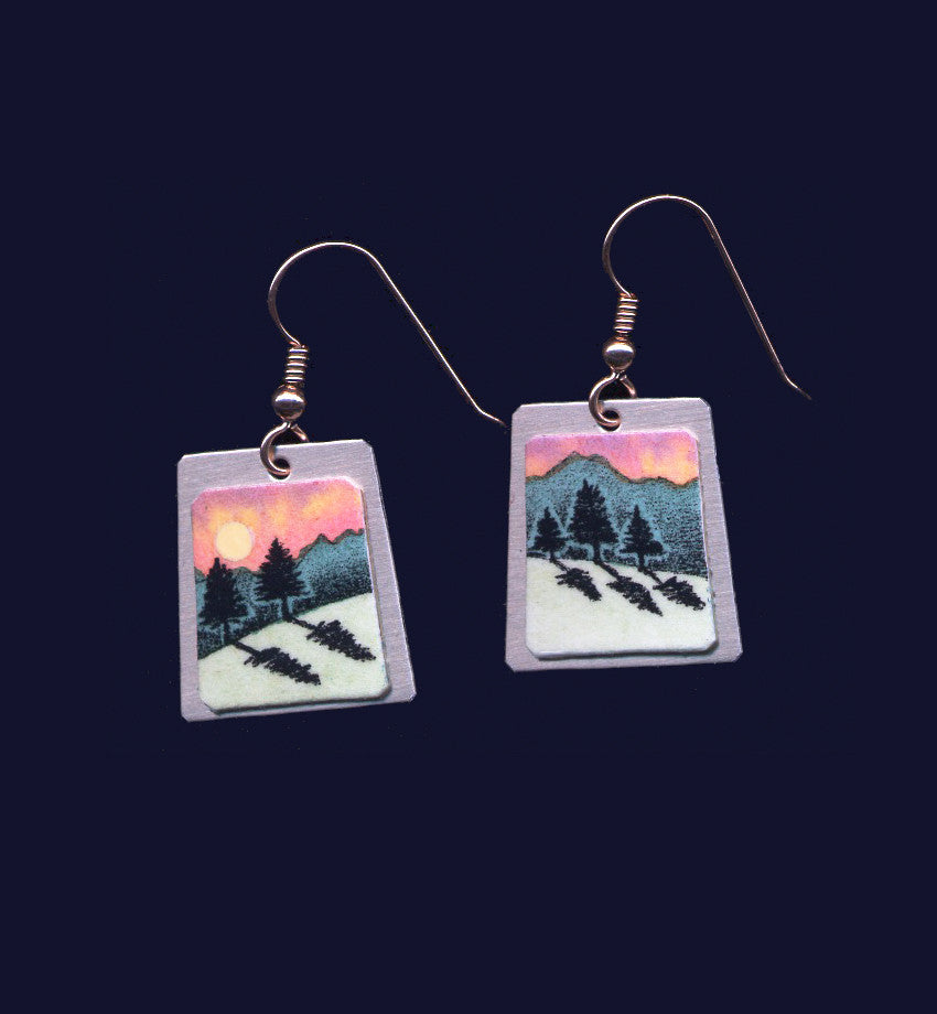 Pines & Shadows, landscape earrings by Daryl V. Storrs.