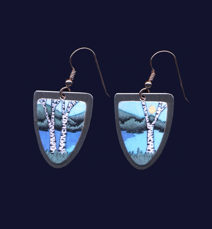 Day Birches and Water, earrings by Daryl Storrs, Vermont artist